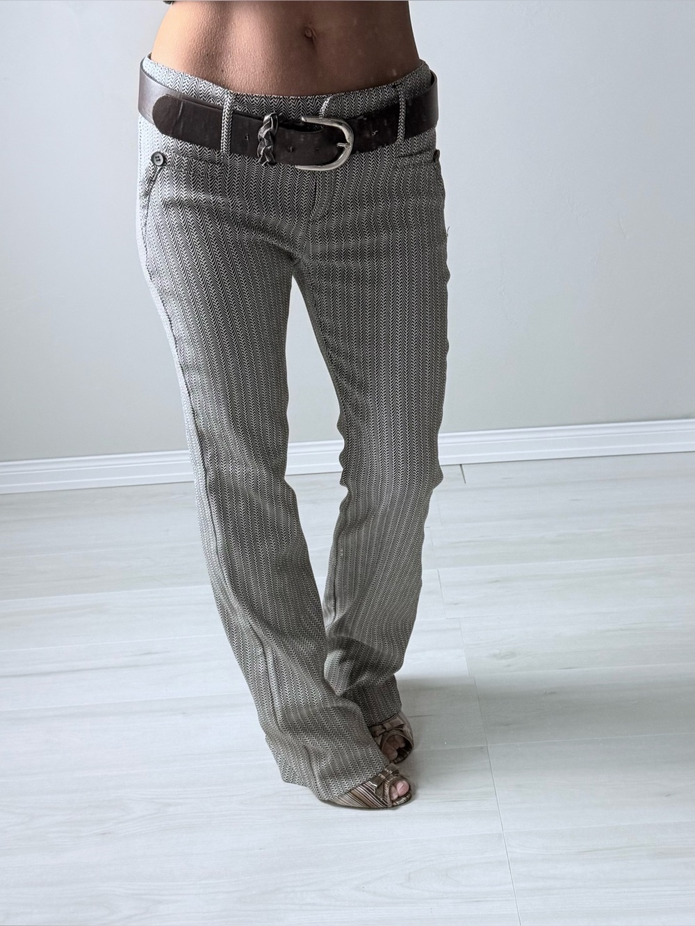 Y2K Joe Benbasset Women's low rise Boot Cut trouser in black white herringbone